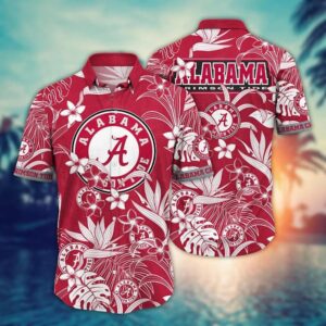 Alabama Crimson Tide White Floral Leaf Hawaiian Shirt