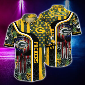 Green Bay Packers US Flag Skull Pattern Hawaiian Shirt