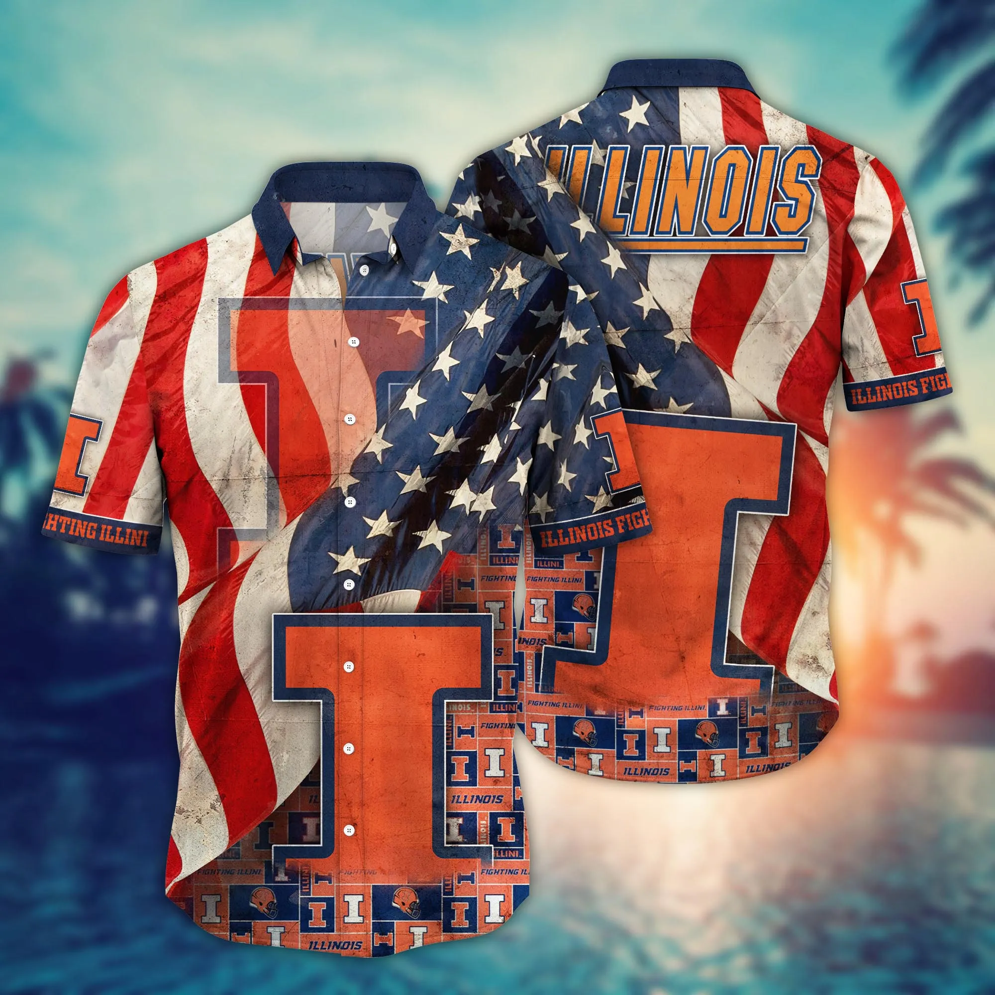 Illinois Fighting Illini 4th Of July US Flag Pattern Hawaiian Shirt Illinois Fighting Illini 4th Of July US Flag Pattern Hawaiian Shirt