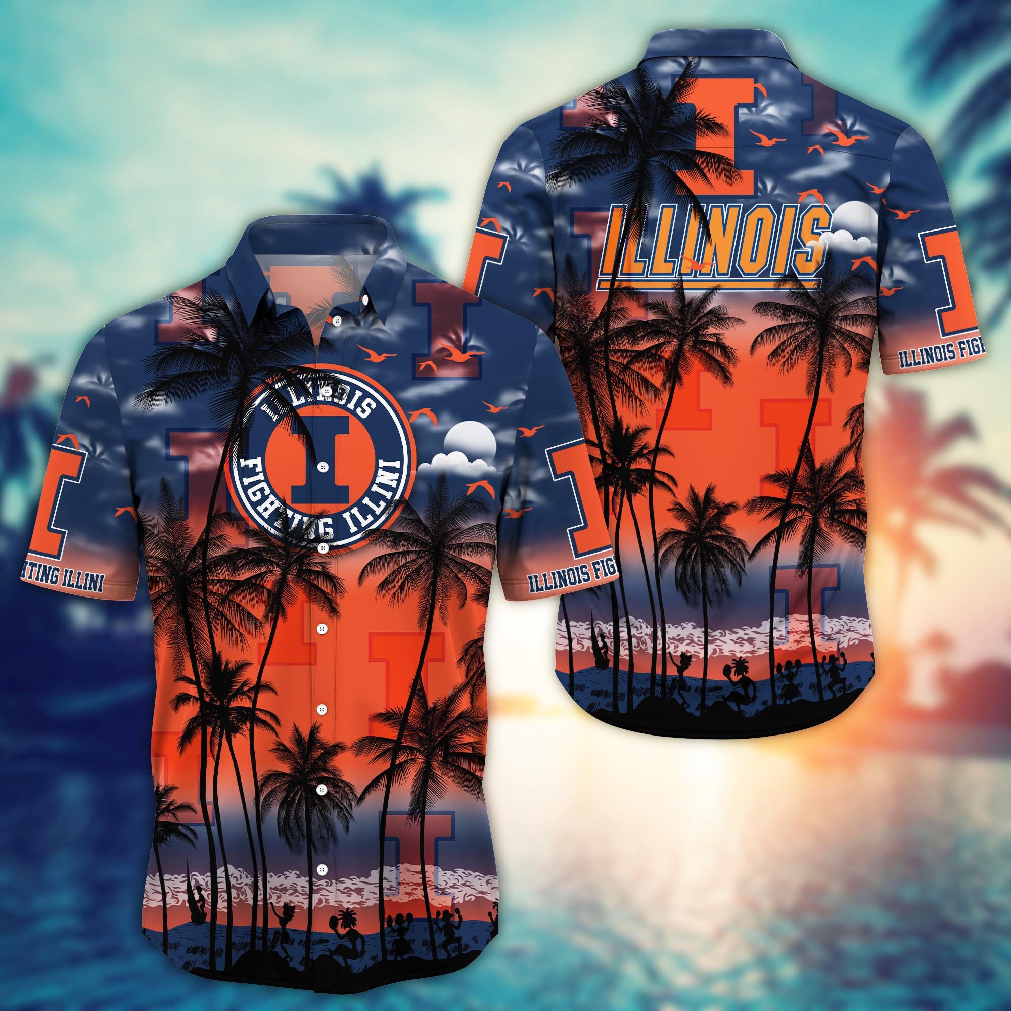 Illinois Fighting Illini Black Palm Tree Design Hawaiian Shirt Illinois Fighting Illini Black Palm Tree Design Hawaiian Shirt