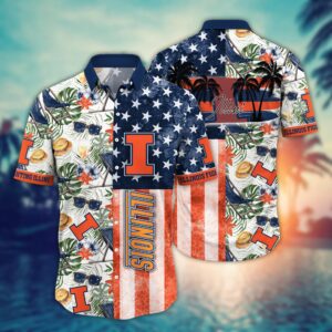 Illinois Fighting Illini Floral America Flag Pattern Hawaiian Shirt