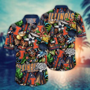 Illinois Fighting Illini Tiki Floral Aloha Hawaiian Shirt