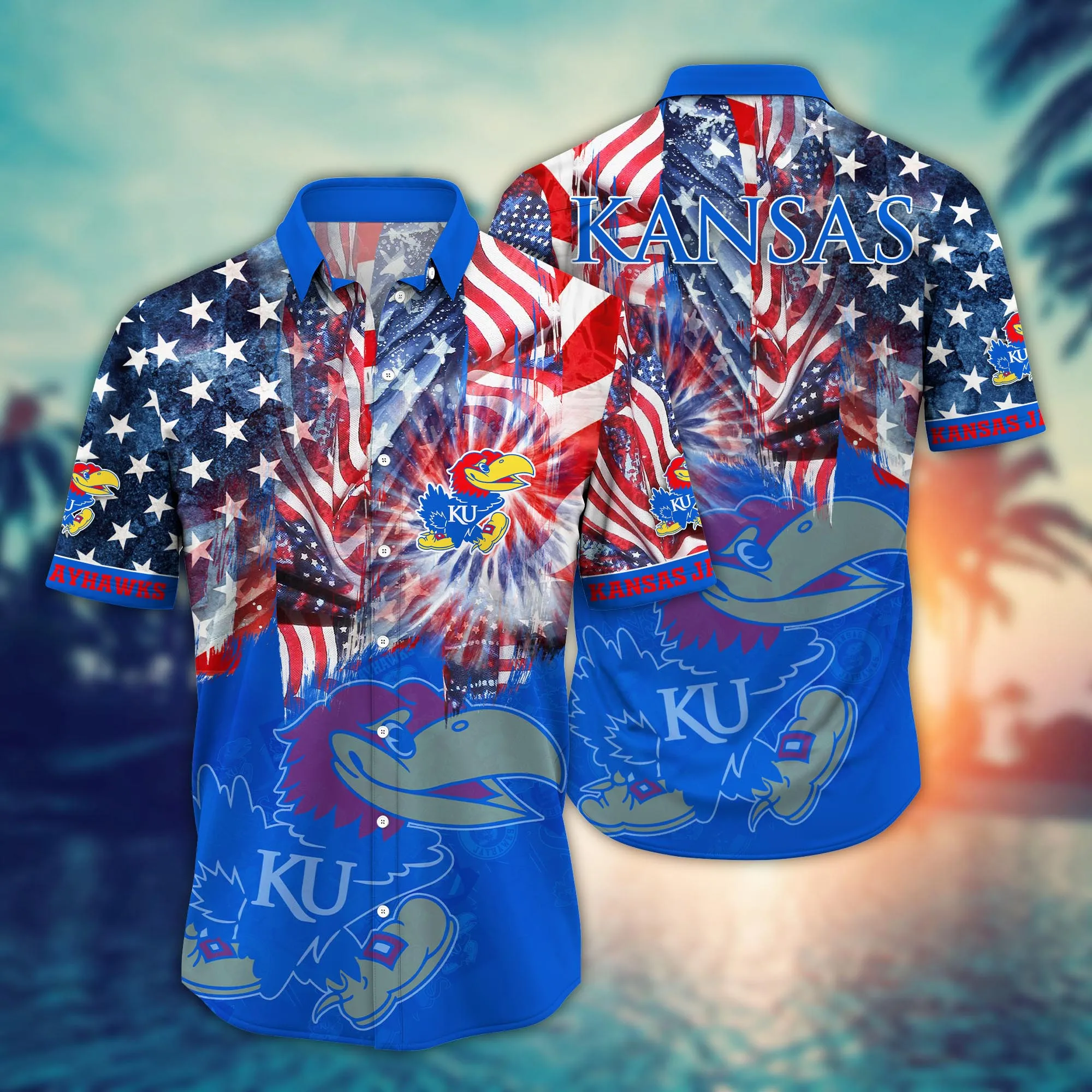 Kansas Jayhawks America Flag Pattern 4th Of July Hawaiian Shirt Kansas Jayhawks America Flag Pattern 4th Of July Hawaiian Shirt