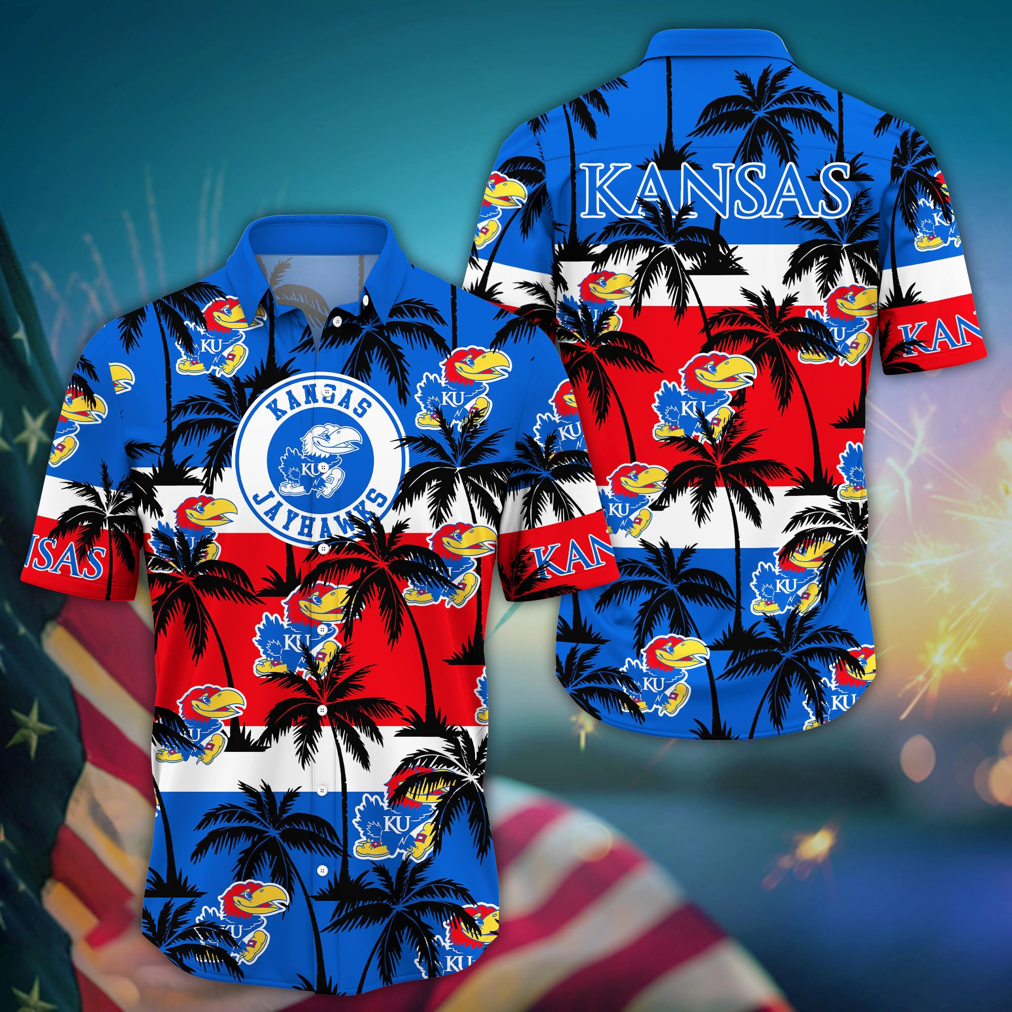 Kansas Jayhawks Black Palm Tree Hawaiian Shirt Kansas Jayhawks Black Palm Tree Hawaiian Shirt
