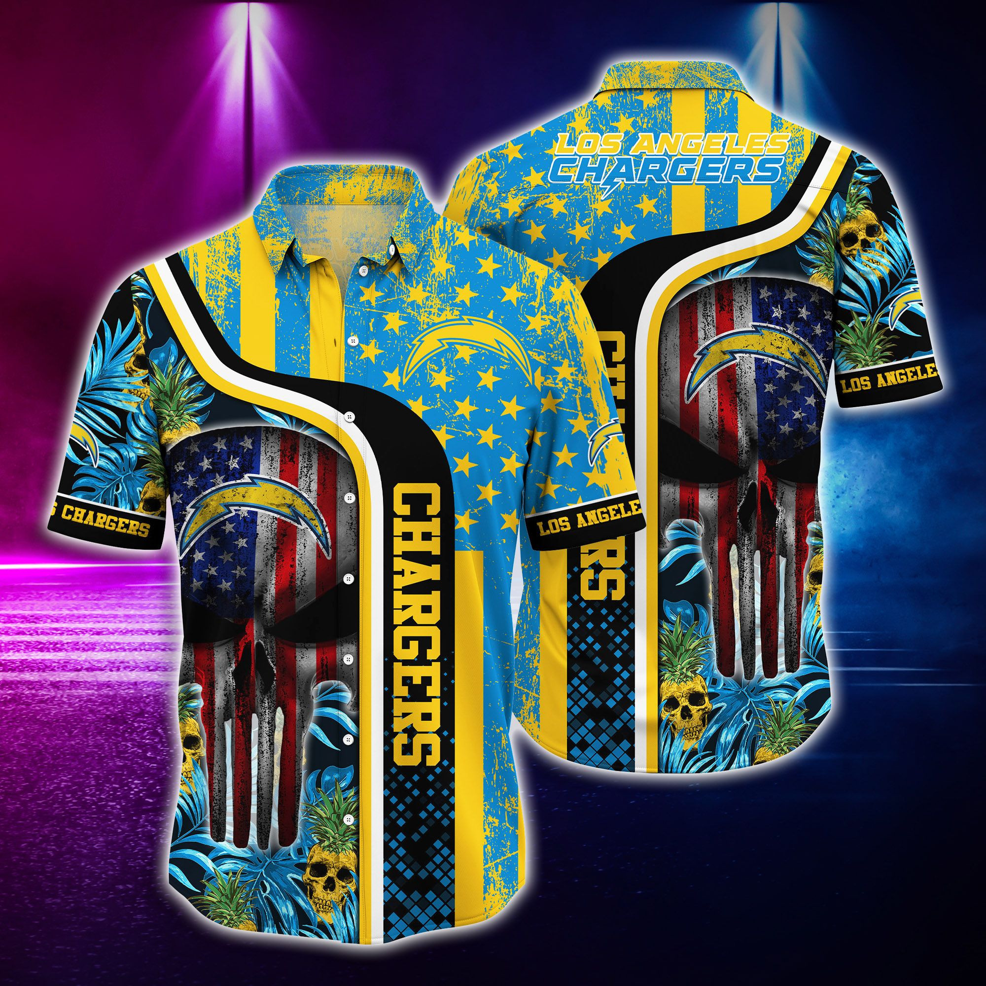 Los Angeles Chargers Skull Tropical Hawaiian Shirt Los Angeles Chargers Skull Tropical Hawaiian Shirt