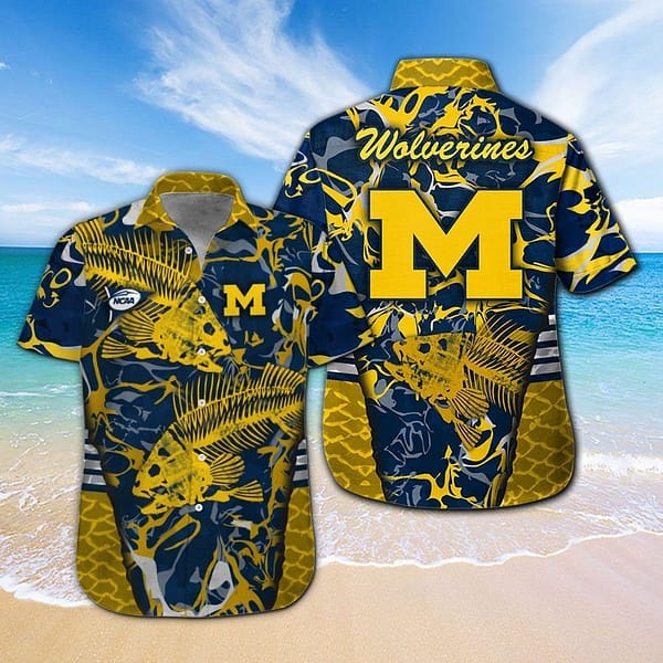 Michigan Wolverines Fish Bone Hawaiian Shirt Michigan Wolverines Fish Bone Hawaiian Shirt