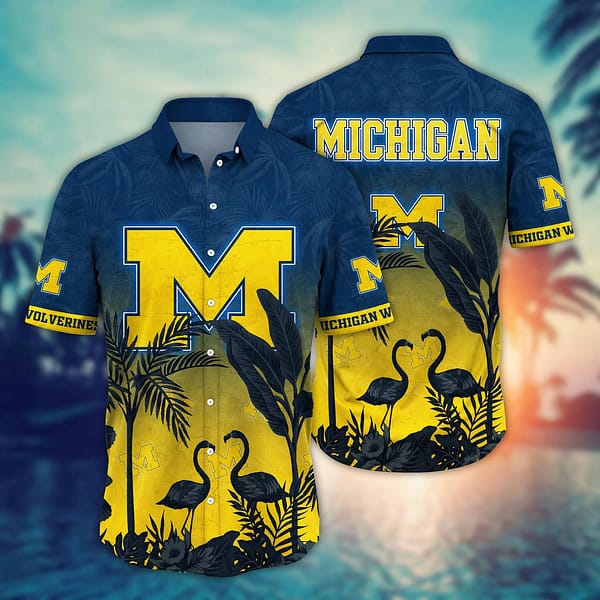 Michigan Wolverines Flamingo Couple Hawaiian Shirt Michigan Wolverines Flamingo Couple Hawaiian Shirt