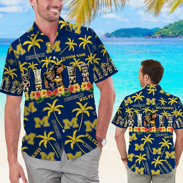 Michigan Wolverines Tiki Hawaii Personalized Name Hawaiian Shirt Michigan Wolverines Tiki Hawaii Personalized Name Hawaiian Shirt