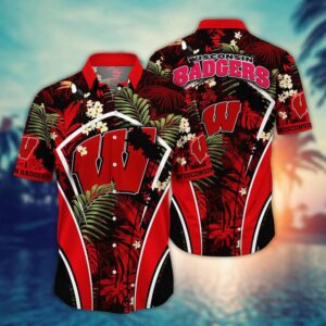 Wisconsin Badgers Logo Leaf Pattern Hawaiian Shirt