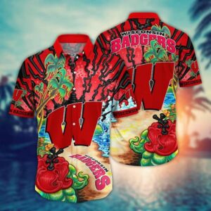 Wisconsin Badgers Thunder Strike Beach Palm Tree Hawaiian Shirt