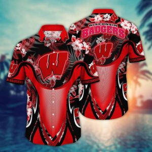 Wisconsin Badgers Tropical Leaf Armor Design Hawaiian Shirt